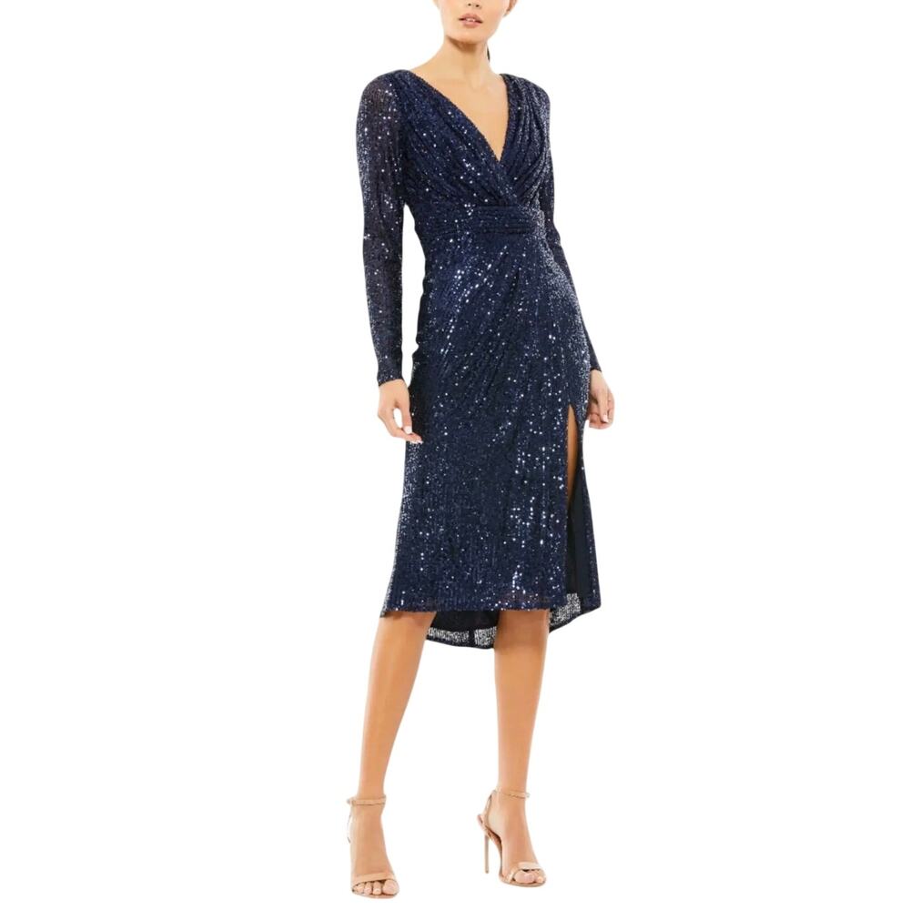 Mac Duggal 26555 Blue Cocktail Dress Sequined Long Sleeve Midi Sheath Size 10